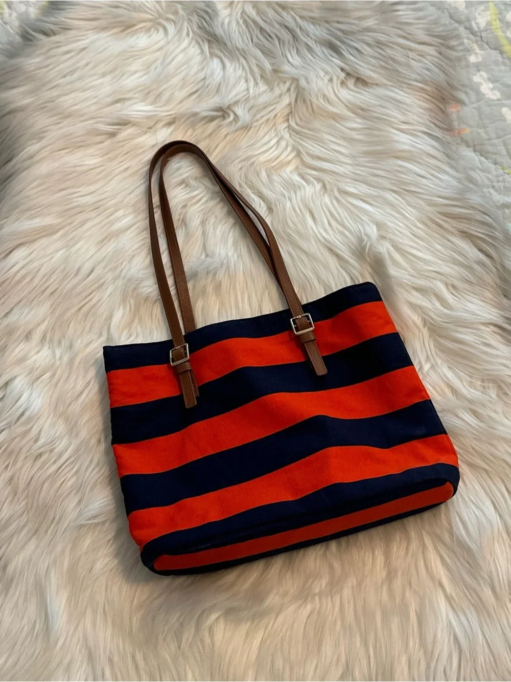 Janie and Jack Navy and Orange Striped Canvas Tote with Brown Handles